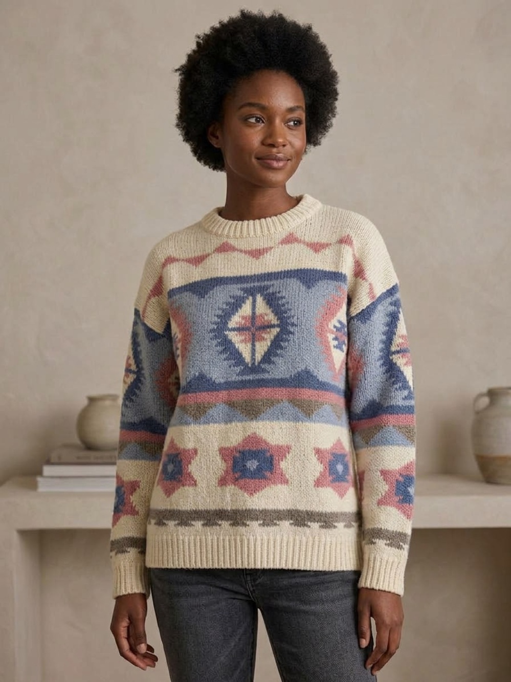 KARUBA Geometric Knit Sweater in Cream & Blue Like New